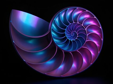 Iridescent nautilus shell spiral with vibrant purple and blue hues on a black background geometry symmetry