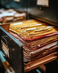 Open vintage filing cabinet drawer filled with organized business documents and old paperwork