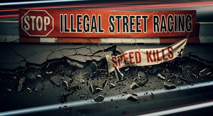 Warning signs caution against illegal street racing and dangerous speed, showing a shattered road and blurred lights
