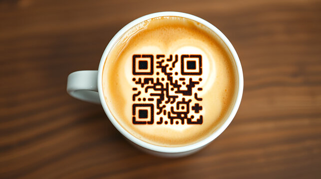 Kreativer QR-Code aus Kaffeeschaum auf Cappuccino in beiger Tasse