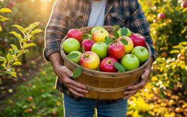 Harvest Bounty: A close-up shot of a farmer holding a brimming basket of ripe, colorful apples, basking in the golden sunlight.
