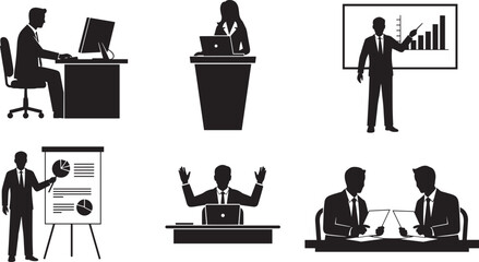 Business activity silhouettes, office work, presentation, public speaking, data analysis, computer desk, black vector icons, corporate success, workplace communication illustration