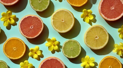 Sliced colorful citrus fruits with yellow flower blossoms arranged in a repetitive pattern on soft pastel backdrop, minimal stock design