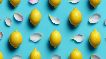 Symmetrical creative fruit layout of lemons and petals on bright turquoise background, minimal flat lay stock image concept