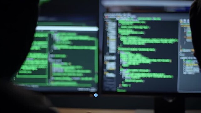 Hacker Viewing Green Computer Code on Dual Monitors with Dark Background in Modern Office