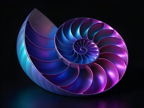 Nautilus shell cross-section with iridescent purple and blue lighting and dark background spiral geometry