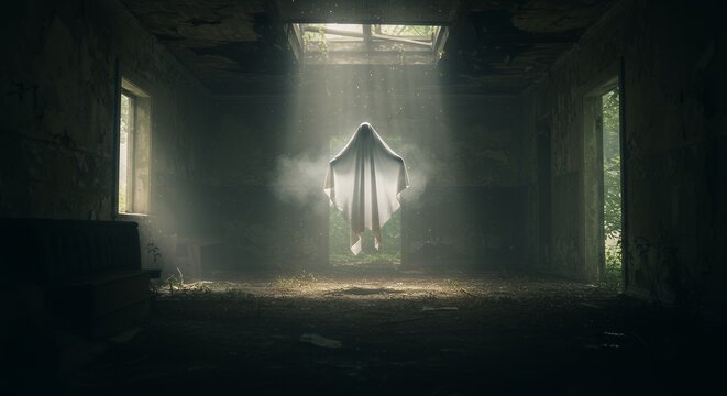 Ethereal Ghostly Figure in Abandoned Room with Dramatic Light