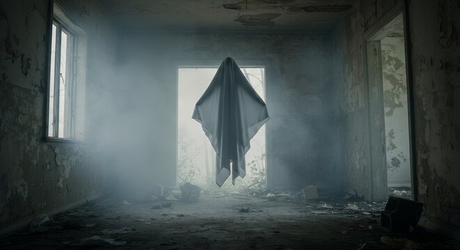 Eerie ghost apparition floating in a desolate, abandoned room, shrouded in mist with dramatic light and shadow.
