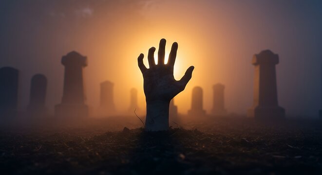 Eerie hand reaching from grave in foggy cemetery, backlit by dramatic orange glow, Halloween concept