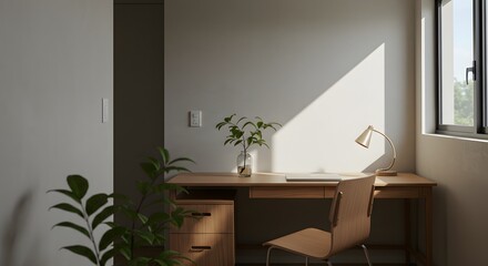 Modern Minimalist Workspace with Desk, Chair, and Laptop