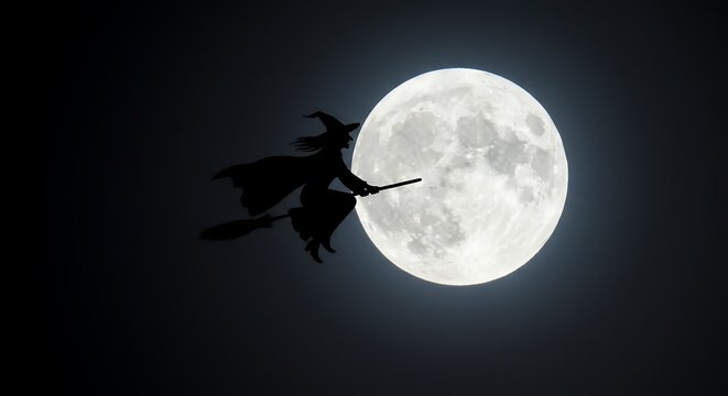 Silhouette of a witch flying on a broomstick against a full moon