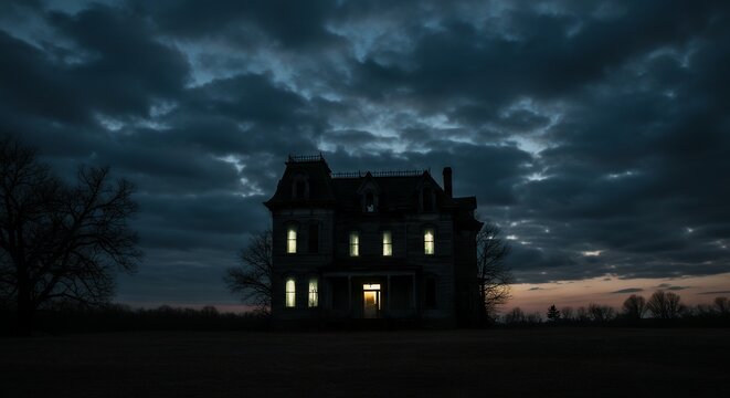 Eerie Old Victorian House with Glowing Windows at Twilight Under Dramatic Sky