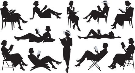 Women reading silhouettes, book lovers, seated and standing poses, leisure activity, education theme, black vector icons, peaceful moment, literary lifestyle illustration
