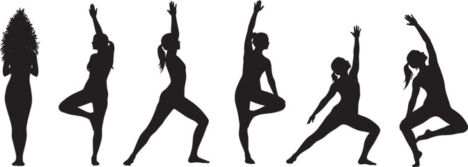 Yoga silhouette poses, black vector icons, flexibility, balance, strength, wellness, meditation, fitness exercise, standing stretch, one-legged pose, peaceful lifestyle illustration