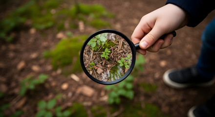 Nature Observation Close-Up Magnifier in Child's Hand Exploring Forest Ground Ecosystem Learning About Biodiversity Environmental Awareness and Scientific Discovery Concept