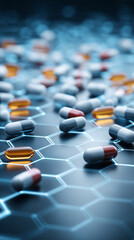 Fototapeta premium Scattered capsules and tablets on a glowing futuristic digital surface. 