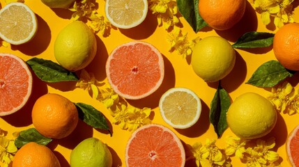 Top view citrus mix of lemons, oranges, grapefruits with yellow flowers in grid pattern, refreshing flat lay stock image, creative composition