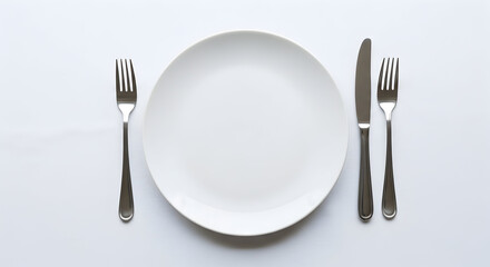 Empty Plate Setting for Dinner Occasion Restaurant Menu Mockup on White Background Clean Eating Food Presentation Concept Minimalist Dining with Copy Space