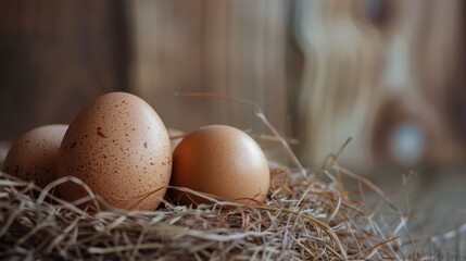 Celebrating world egg day with fresh farm eggs in rustic nest setting. Horizontal banner. Copy space. World Farm Animals Day. World Bird Day. Healthy farm food