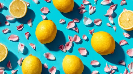 Top view geometric pattern of lemons and petals on bright azure background, modern artistic minimal summer design for stock use