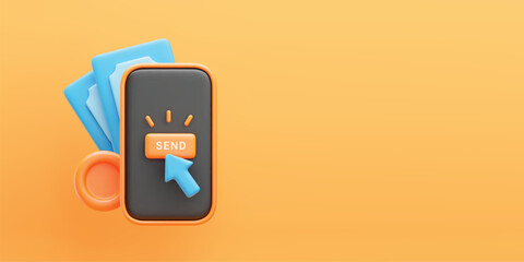 3D mobile payment banner. Realistic vector mobile phone, banknotes, coin behind, button and cursor arrow on screen. Online transfer concept on yellow background. Phone banking service.