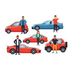 Naklejka premium Five people stand by different colored cars in a cartoon illustration, showcasing various vehicle types and driver poses.