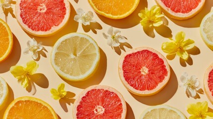 Top-down colorful food pattern with lemon, grapefruit, and orange slices mixed with yellow flower blossoms, minimal summer vibe