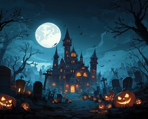 halloween haunted house background with full moon and cemetery