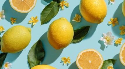 Vibrant citrus fruit pattern with yellow floral accents on pastel background, minimal modern flat lay photography, cheerful summer mood