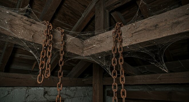 Rusty chains and thick cobwebs on old wooden beams in a dark, abandoned attic, evoking mystery and neglect. - Powered by Adobe