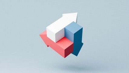 Three overlapping arrows pointing in different directions, business strategy and decision making, 3d render