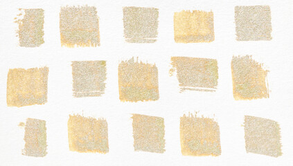 Abstract gold brush strokes on textured white paper background featuring rectangular patterns.