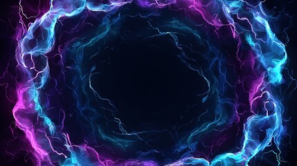 A dark center is encircled by a luminous, swirling vortex of vibrant blues and purples with electric details