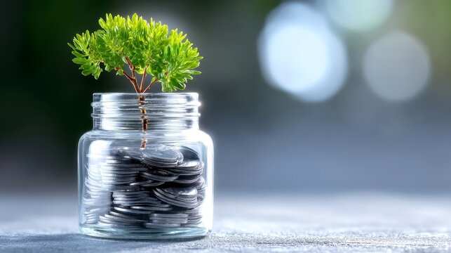Savings jar with plant symbol of financial growth and future visualizing financial growth jar of coins plant sprouting from it