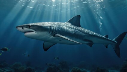 Naklejka premium Shark underwater, sun rays