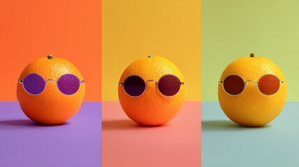 Vibrant citrus oranges wearing funky sunglasses on gradient pastel backgrounds, cheerful minimal playful stock design