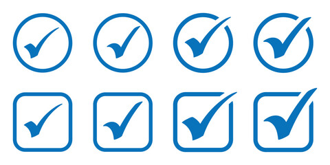 Check box icon with correct, accept checkmark icons. Blue tick box, check list circle frame. Checkbox symbol sign. Check mark box square frame. Blue tick mark icon vector set.