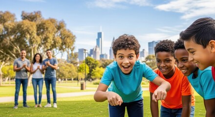 Children playing a game in a park with adults watching