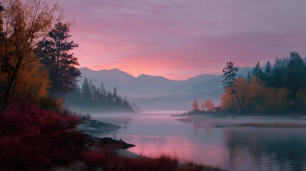 Calm Canadian lake in autumn with pink sunrise, mist, and colorful trees reflecting in the water, great for landscape, wellness, or seasonal visuals