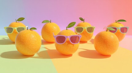 Vibrant citrus oranges wearing funky sunglasses on gradient pastel backgrounds, cheerful minimal playful stock design