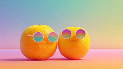 Vibrant citrus oranges wearing funky sunglasses on gradient pastel backgrounds, cheerful minimal playful stock design