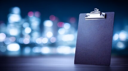 Clipboard displaying urban vision city background strategic planning document against metropolitan backdrop