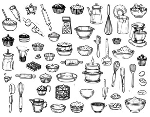 Collection of hand-drawn baking tools