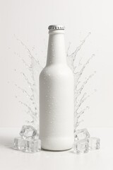White bottle mockup with water splash and ice cubes on white background, minimal style, for branding and product template concept. Ai generative