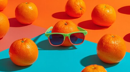 Vibrant orange fruits styled with funky sunglasses, arranged on bright gradient background, playful summer stock photo flat lay