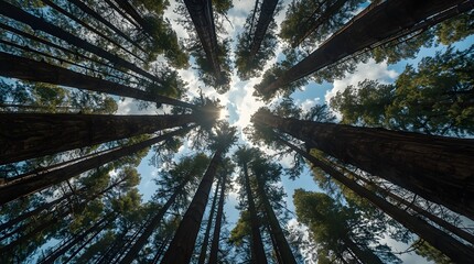 Looking up at tall redwood trees in a forest. Low angle perspective of canopy with sun and blue sky.
