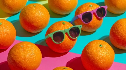 Vibrant orange fruits styled with funky sunglasses, arranged on bright gradient background, playful summer stock photo flat lay