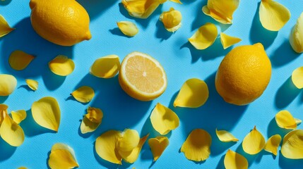 Vivid citrus summer composition of lemons and scattered yellow petals, artistic flat lay on bright blue backdrop, modern minimal stock photo