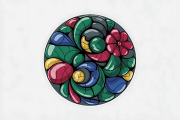 Oval stained glass design with floral and swirling patterns in vibrant colors