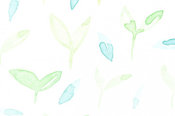 Seamless watercolor pattern of green and blue leaves on white background.